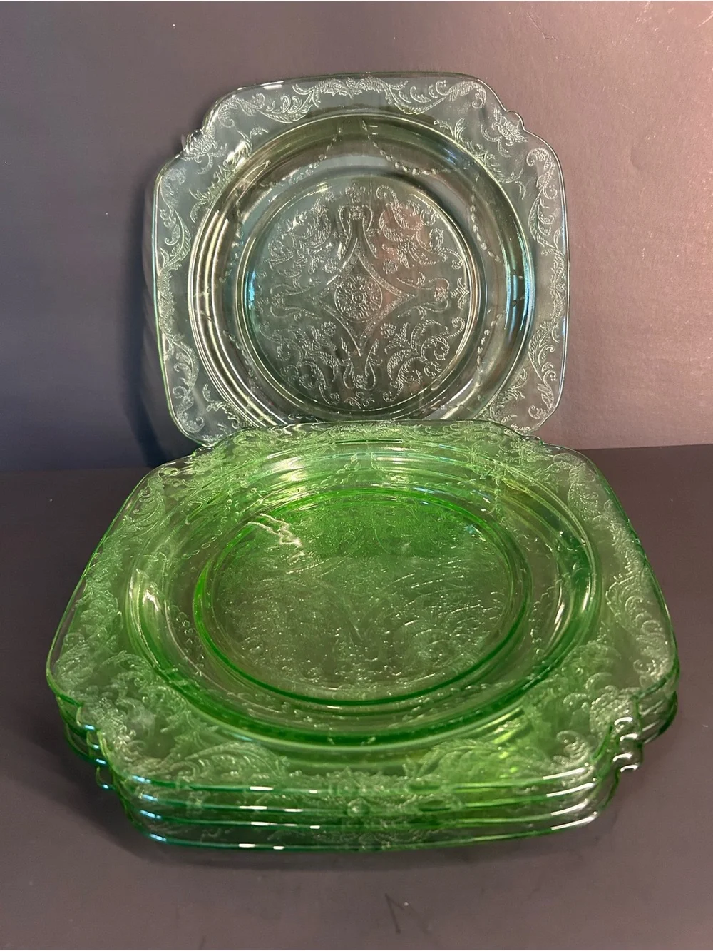Federal Glass Uranium Depression Glass Plates 9” Set Of 5